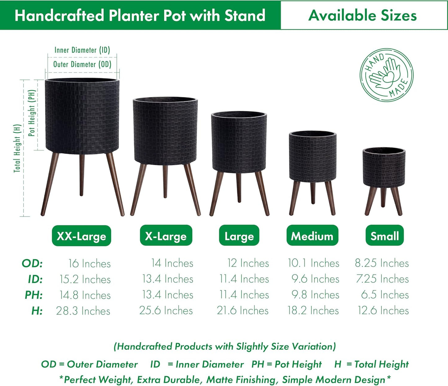 D'vine Dev 16 Inch Modern Geometric Tile Patterned Sleek Planter Pot with Stand, Indoor Outdoor Decorative Plant Holder, Distressed Black, 88-Z-E-5