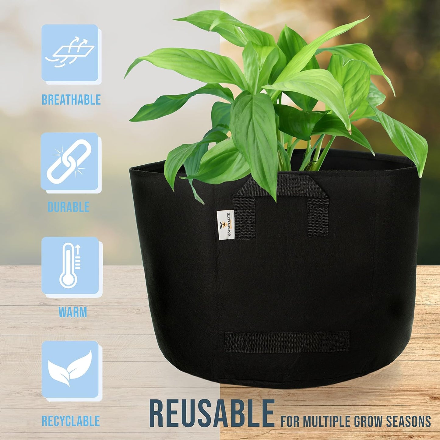 Grow Bags: 5-Pack (Size: 2 Gallon): 300gsm Black Felt Fabric, Biodegradable and eco-Friendly Material. (Handles + Dumping Handles-pat.Pend).