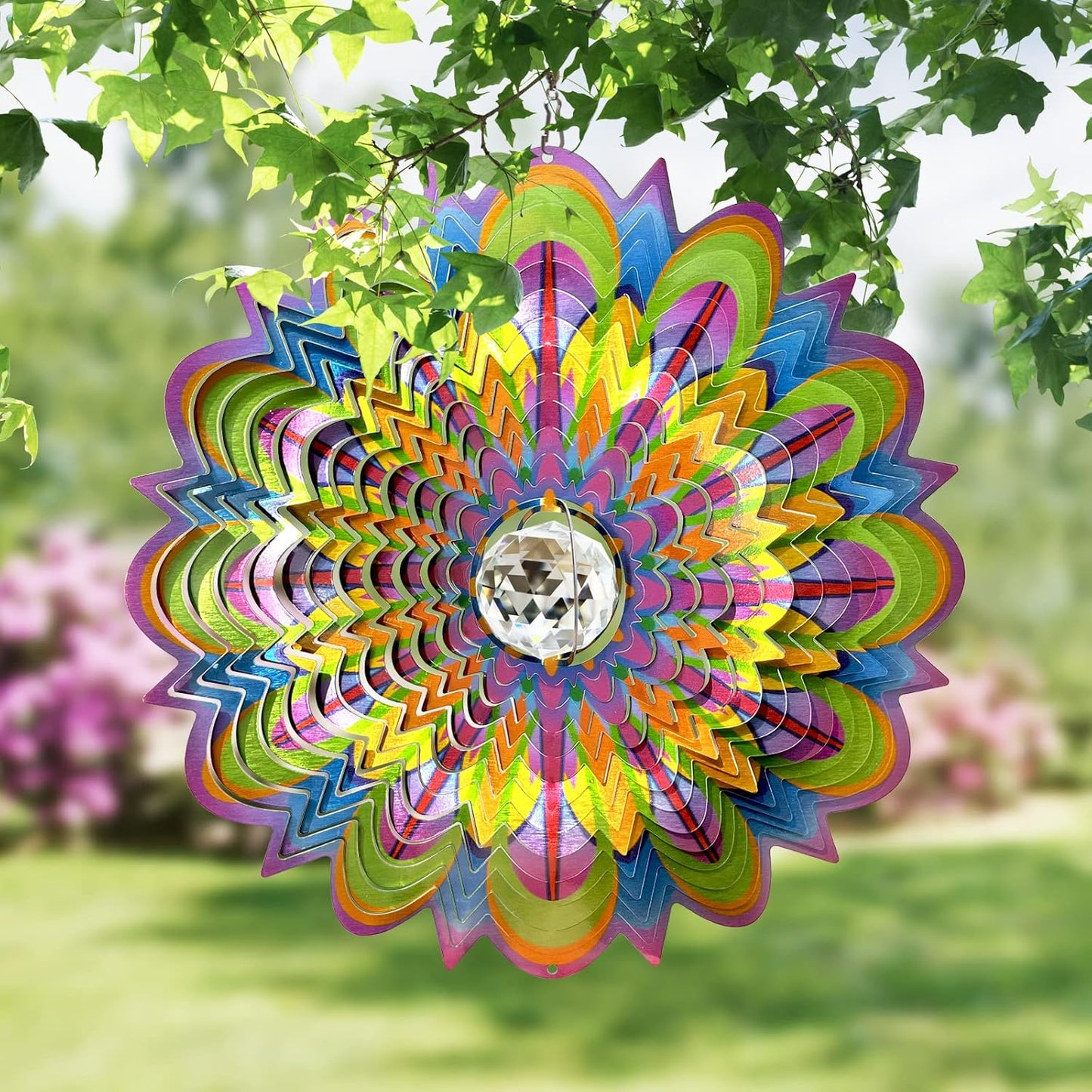 FONMY Mandala Wind Spinner w/Crystal Ball-Bloosom 3D Stainless Steel Suncatcher Hanging Spinners Worth Gift Christmas Decoration Indoor/Outdoor Garden Décor Kinetic Yard Art 12 Inches Wind Sculpture