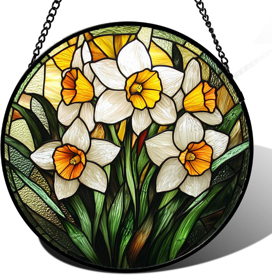 Stained Glass Window Hanging, Yellow and White Daffodils Sun Catcher for Door Home Decor Plants Flowers Suncatcher Christmas Mother's Day Birthday Gifts for Women Men Mom Nana 7.8 in