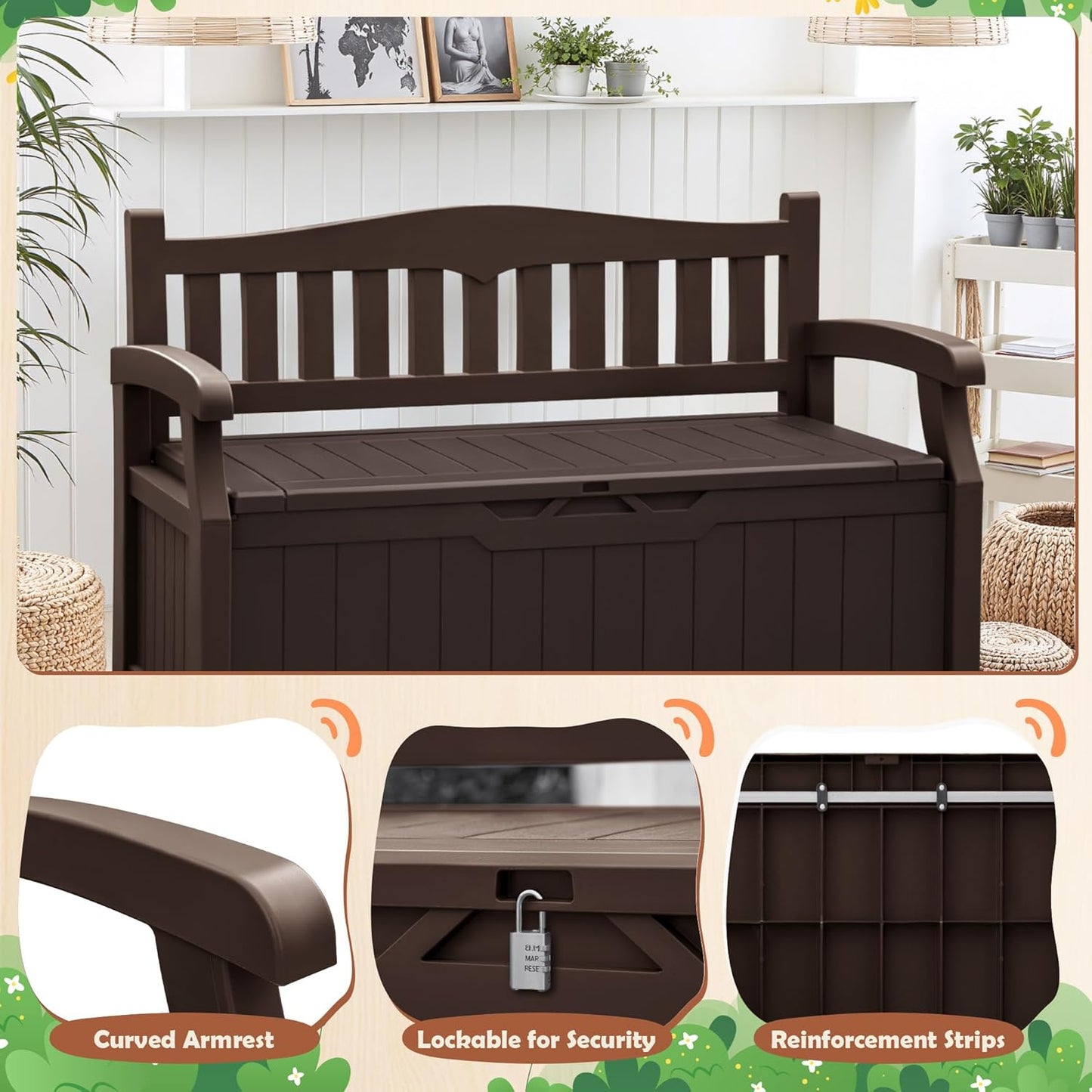 JUMMICO 80 Gallon Resin Outdoor Storage Bench, Large Deck Box with Armrest, Lockable & Waterproof for Garden, Home, Patio, Pools (Brown)