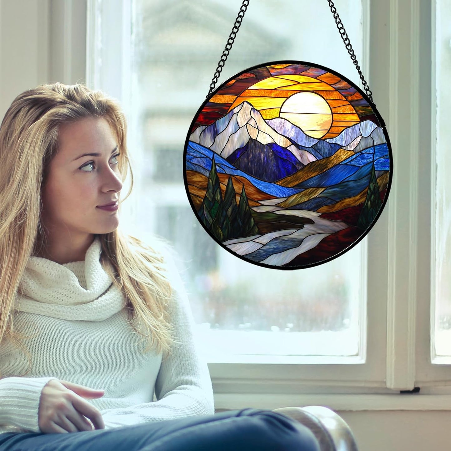 Stained Glass Window Hanging, Yellow Blue Sunset Mountains Scenery Sun Catcher for Window Home Decor Landscape Suncatcher Mother's Day Birthday Gifts for Women Men Mom and Nana 7.8 in