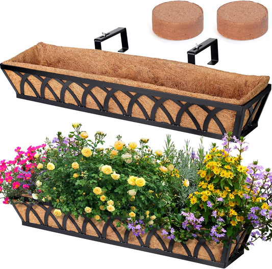 Window Box Railing, 36 Inch Black Metal Hanging Flower Planter Basket with Coco Liner for Outdoor Balcony Porch Fence Patio for Home, Office and Hotel (Black - 2 Pcs/Set)
