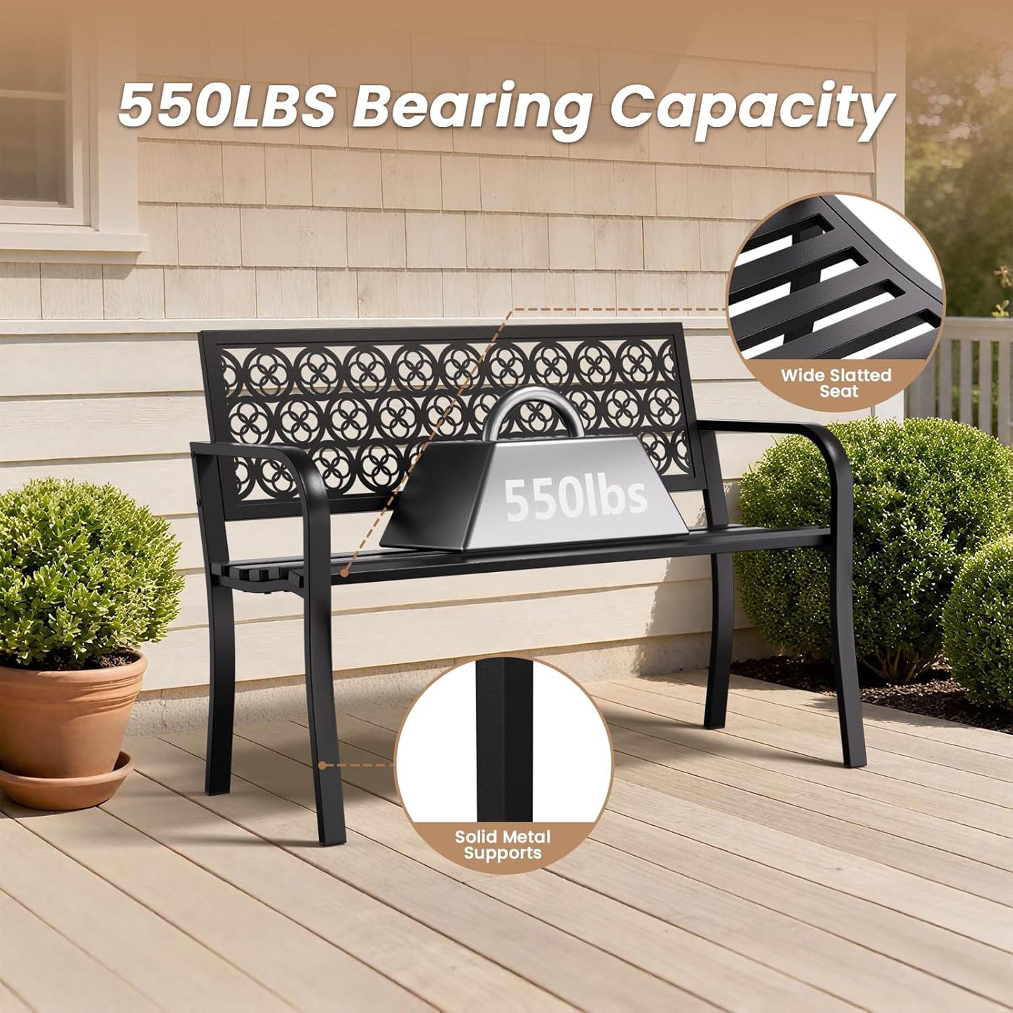 44'' Outdoor Garden Bench, Weatherproof Wrought Iron Metal Patio Bench with Mesh Pattern Backrest, for Front Porch, Park, Yard, Gardens