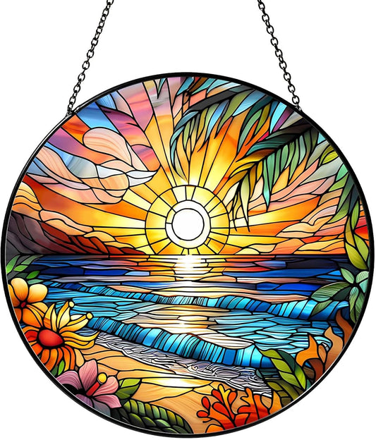 Beach Sunset Sun Catcher Stained Glass Window Hanging Beach Lovers Gifts for Women Wall Decor Landscape Decoration for Home Garden Housewarming Gifts