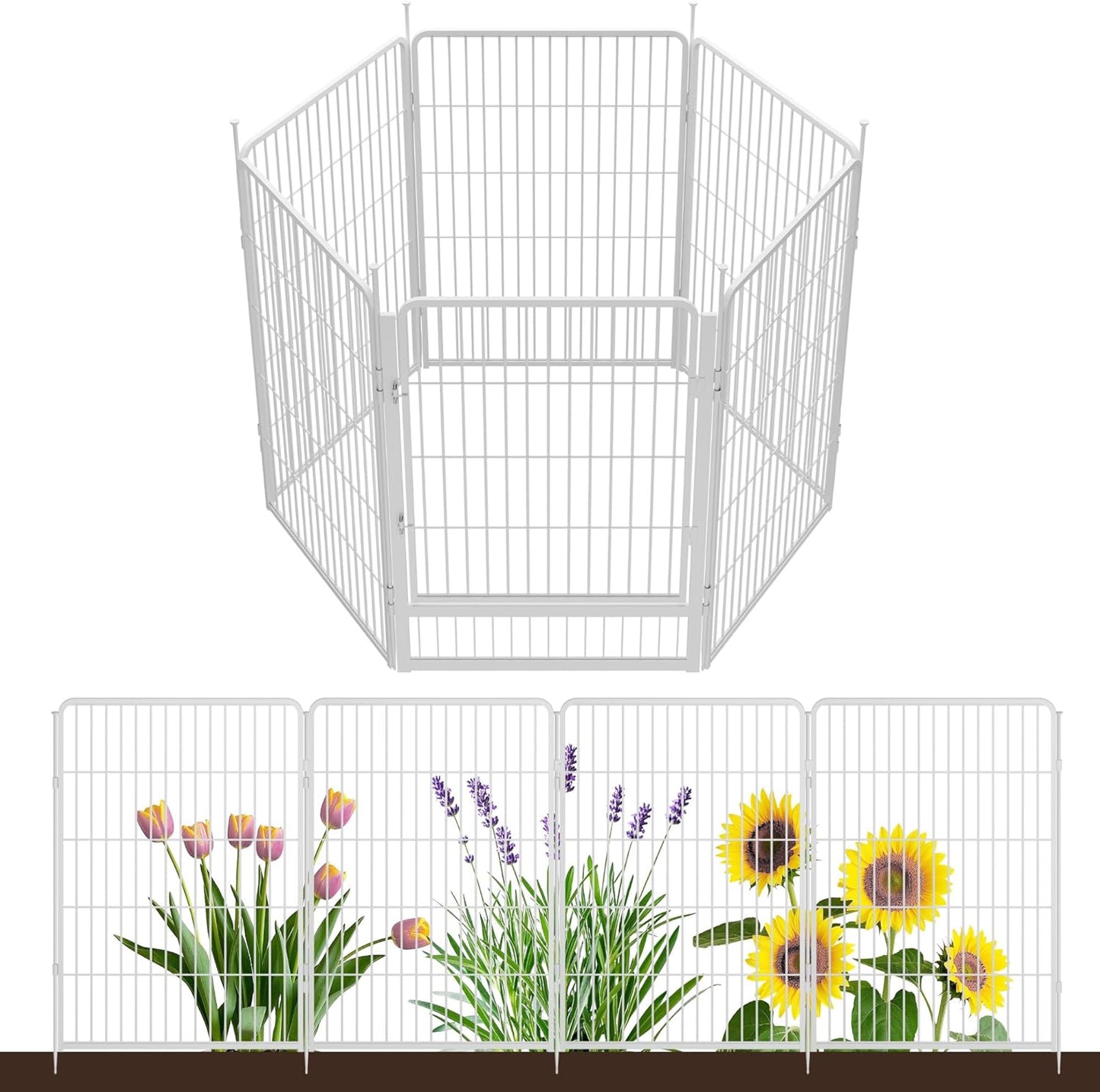 Garden Fence with Gate 40 in(H) x 13.4 ft(L) 6 Panels, Heavy Duty Metal Animal Barrier for Dog and Rabbit, Outdoor Fencing, Easy Set Up, White