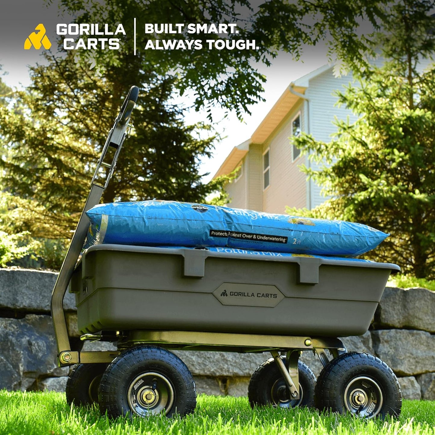 Gorilla Carts Heavy-Duty Poly Dump Cart, 5 Cu Ft Tub, 800 lb Haul Capacity, Gray – Towable Utility Wagon with Quick-Release Dumping & Pneumatic Tires for Yard, Landscaping and Gardening