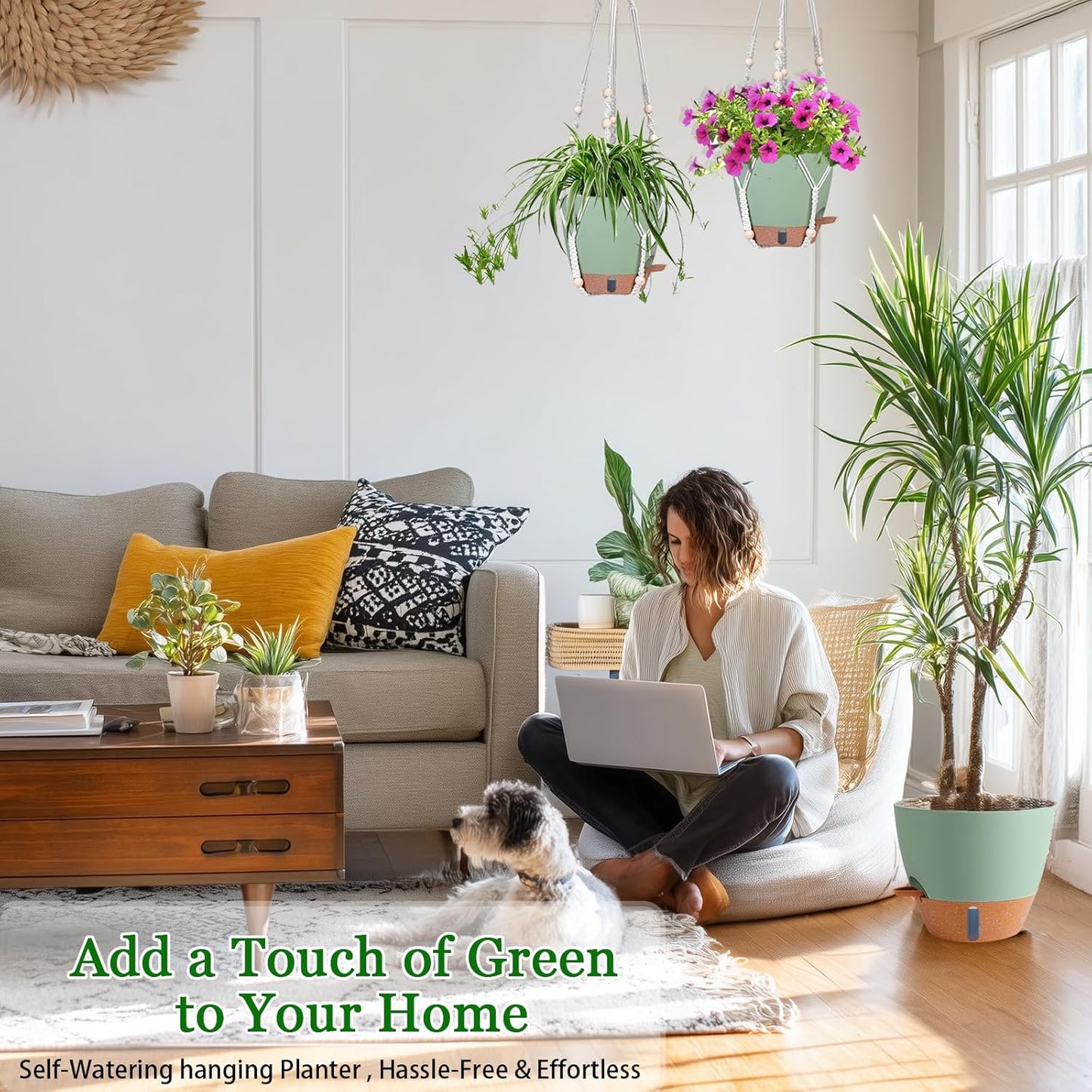 Hanging Planter for Indoor Plants 8 Inch, 2 Pack Self Watering Hanging Baskets for Plants, Hanging Flower Pots with Drainage Hole & 2 Kinds of Plant Hangers for Garden Home Decor (Green, 8 inch)