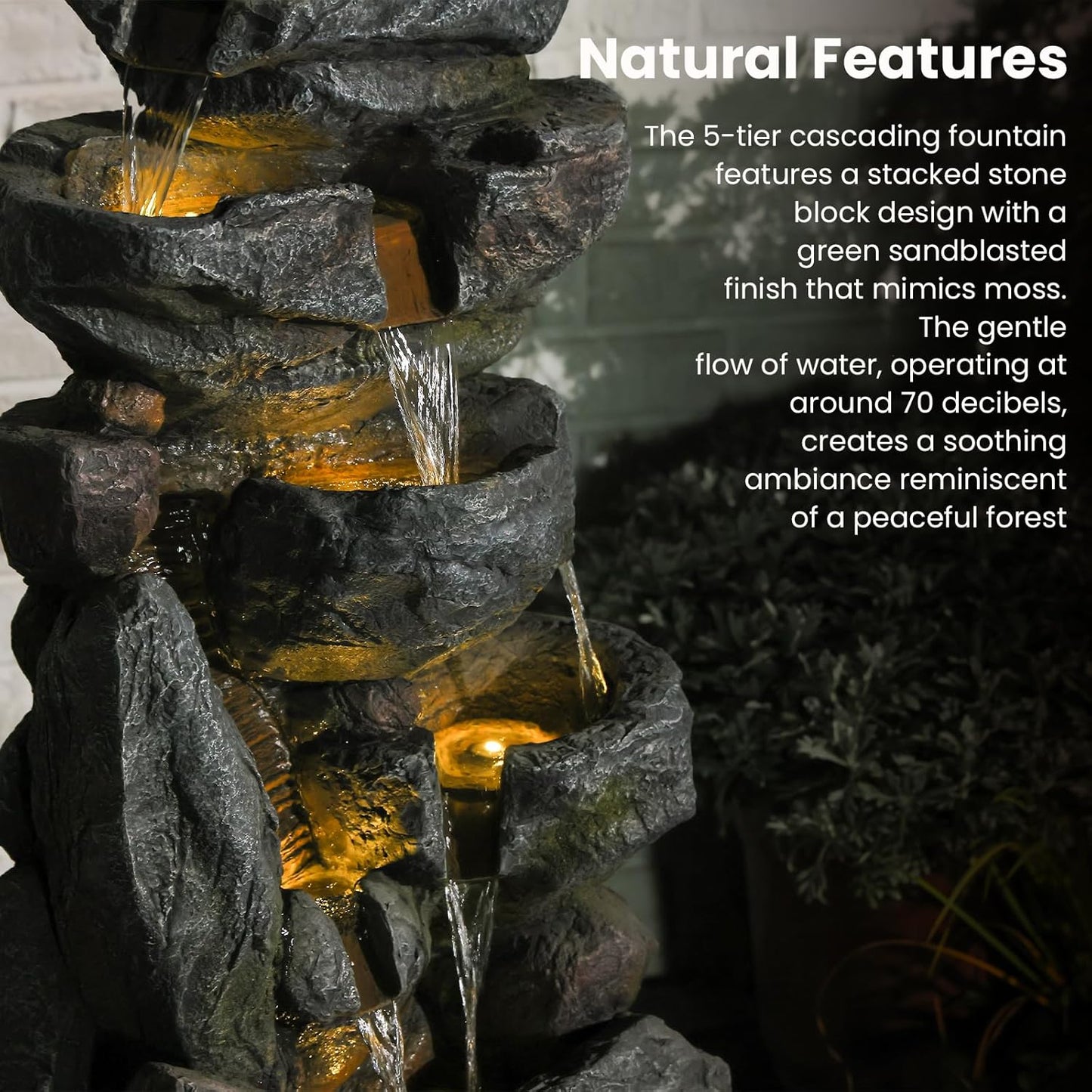 The 5-Tiered Rock Water Fountain Outdoor&Indoor, 31.5’’H Floor-Standing Garden Fountains, Stone Feature and Waterfall with Lights for Patio, Backyard, Deck, Porch, Home DéCor, Gray