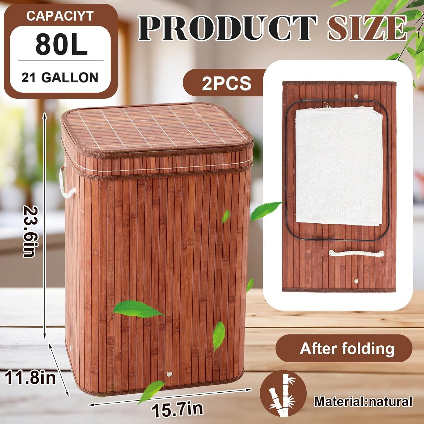 2 Pack Bamboo Slim Trash Can with Lid, 21 Gallon Large Rectangular Trash Bin, Foldable Slim Garbage Can Bamboo Waste Basket for Bathroom Bedroom Office Home Salon Spa (Brown)