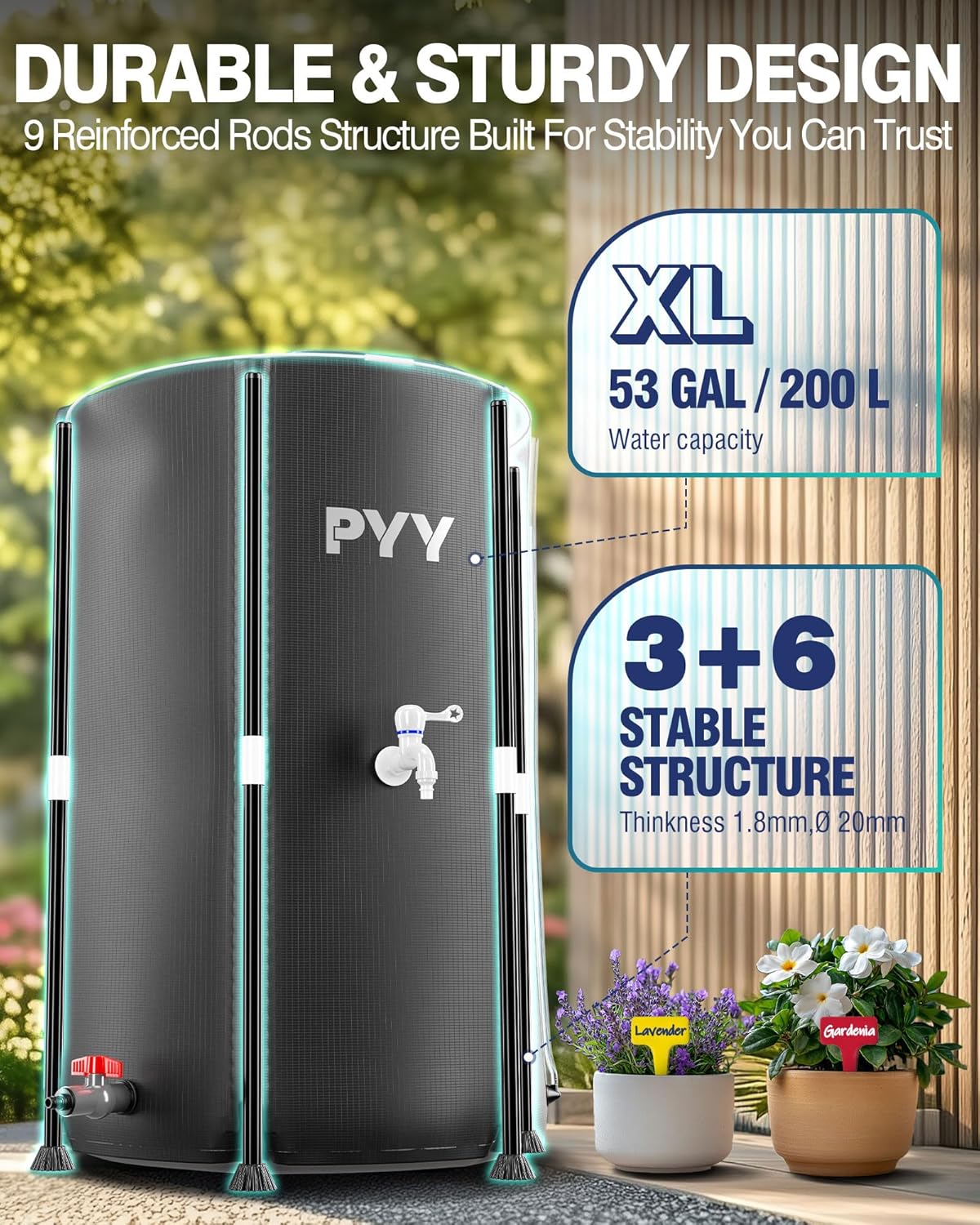 PYY Rain Water Collection Barrel - 53 Gallon Black Water Storage Tank with Spigot, Hose and Portable Bucket, Large Plastic Collapsible Rain Catcher Catchment System to Collect Rainwater from Gutter