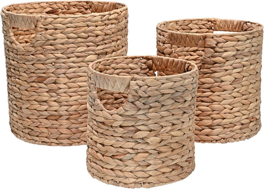happimess BSK2011A-3SET Avery Bohemian Cottage Handwoven Hyacinth Cylinder Nesting Wicker Storage Baskets with Handles, Natural (Set of 3), Seagrass Containers for Decoration in Living Room, Bedroom