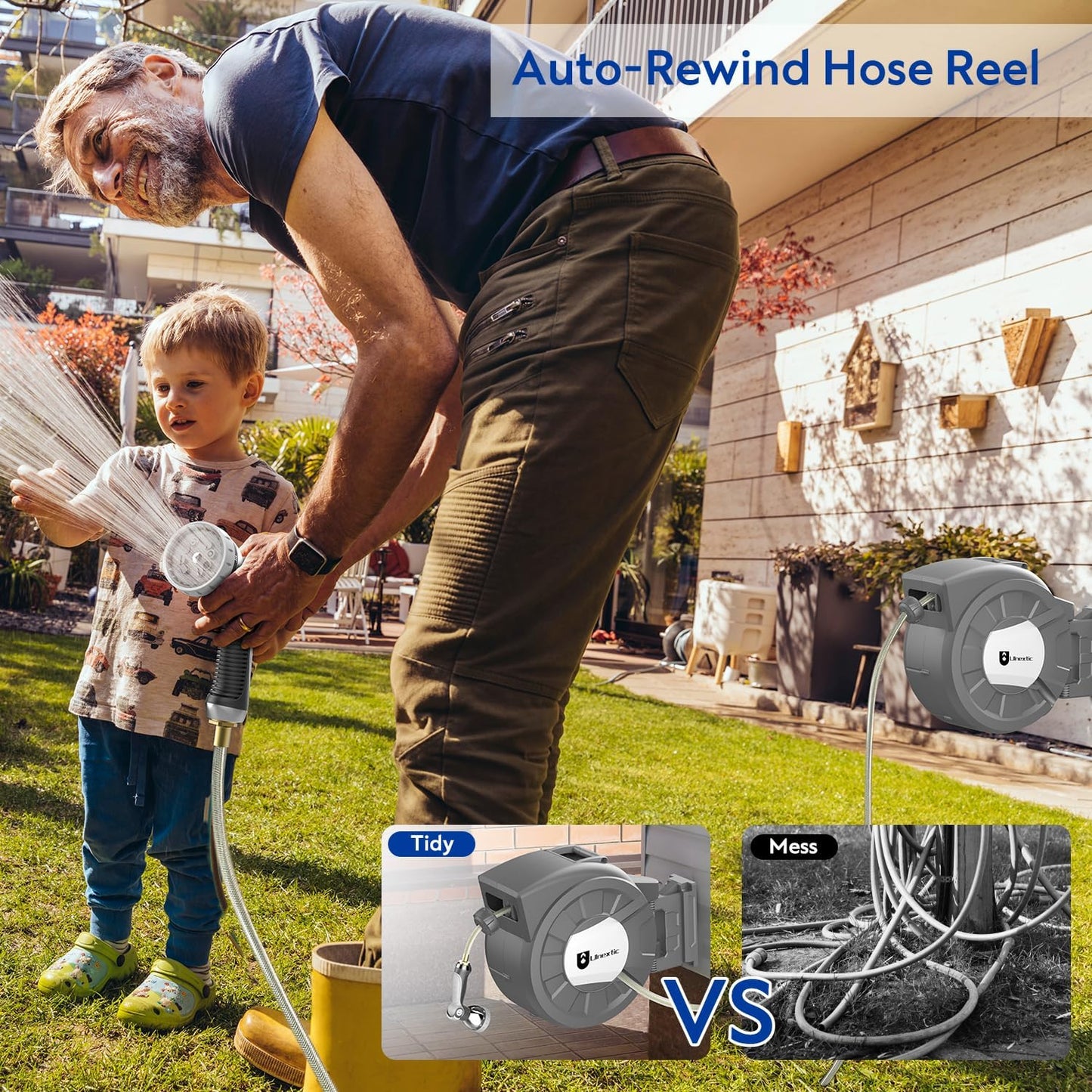 Retractable Garden Hose Reel, 1/2 in x 125 ft Wall Mounted Hose Reel, 10-Pattern Spray Nozzle, Any Length Lock/Slow Return System/Wall Mounted/180°Swivel Bracket