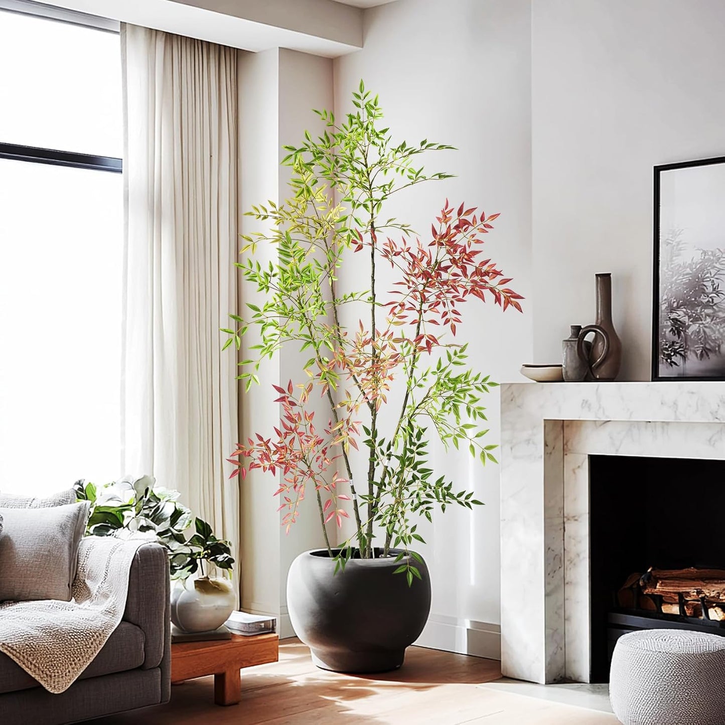 6.5ft Faux Bamboo Tree Artificial Nandina Tree Artificial Indoor Plants Realistic Fake Potted Tree with 800+ Leaves, Cement Planter - Home Office Decor Perfect for Housewarming Gift Non-Toxic