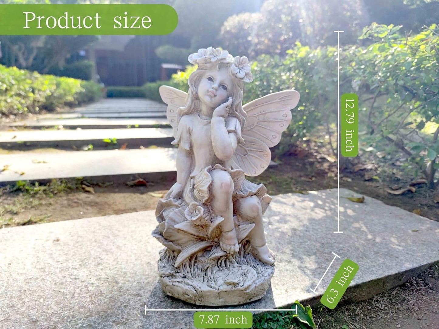 MeritMode 12.8" Fairy Garden Outdoor Guardian Angel Statue - Waterproof Resin with Flower Base, Unique for Patio, Balcony & Yard Decor