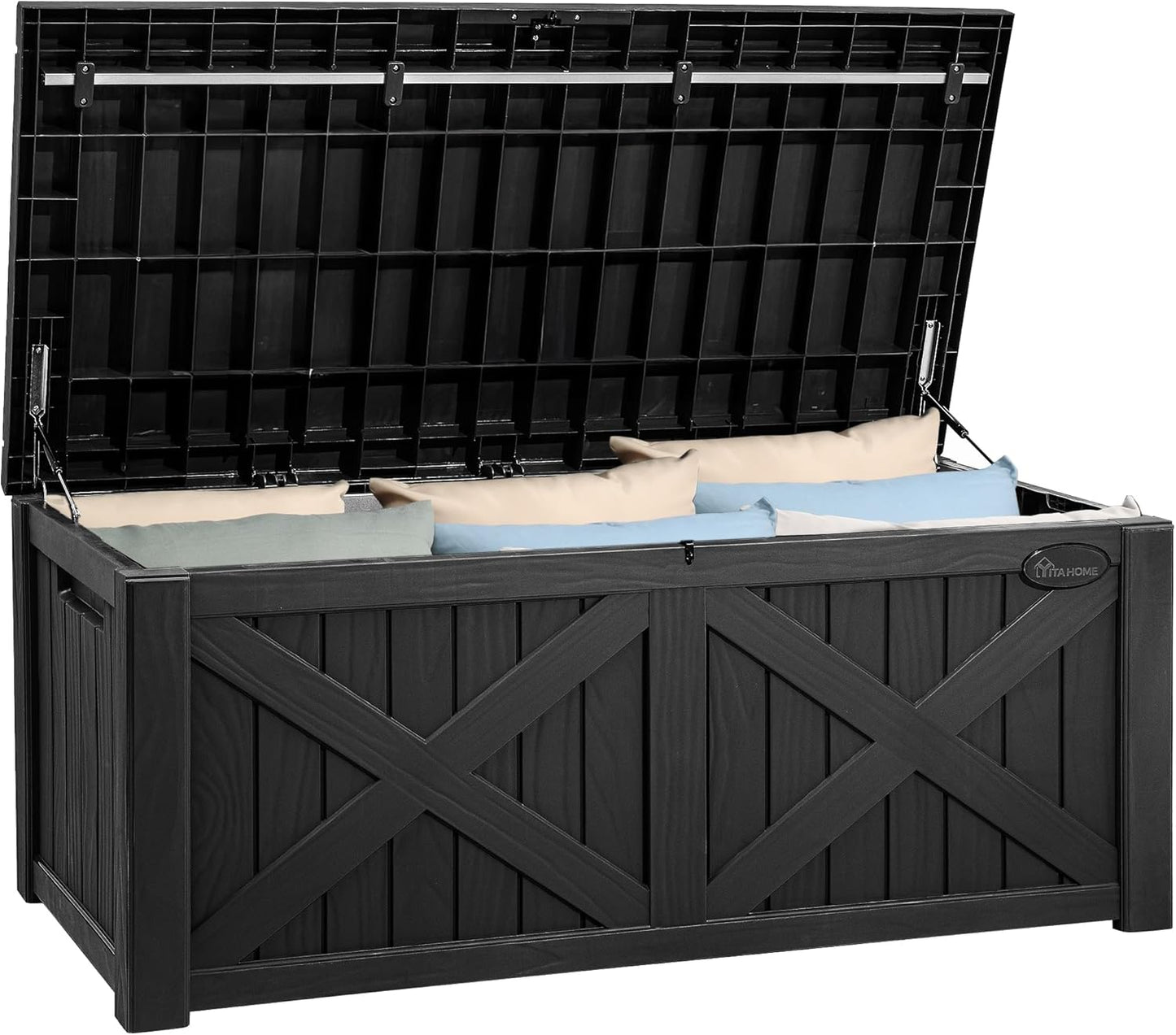 YITAHOME 120 Gallon Large Deck Box with X-Shaped Front, Resin Outdoor Storage Boxes, Waterproof Cushion Storage Bench for Patio, Pool Supplies, Garden Tools - Lockable, Black