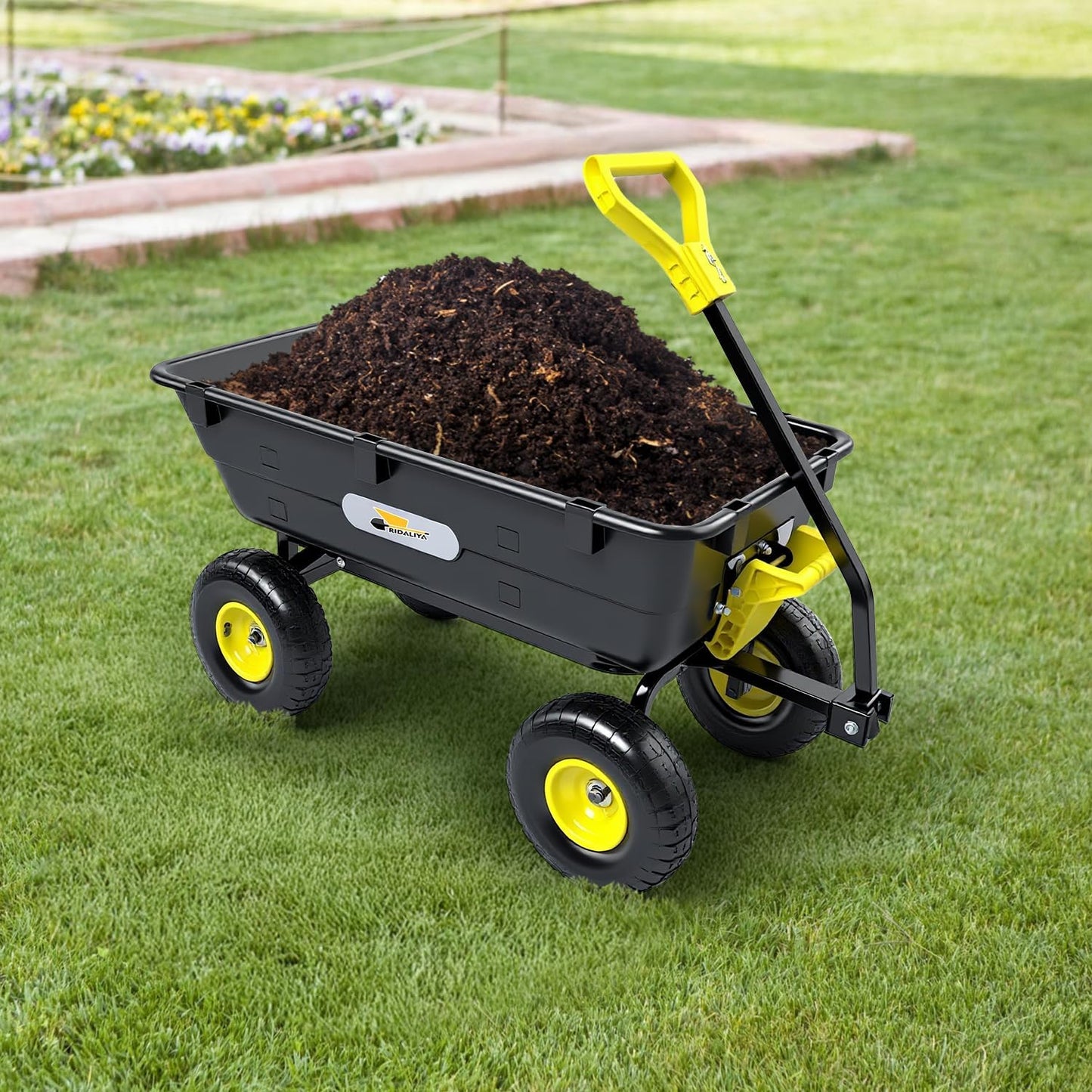 Garden Dump Cart, Heavy-Duty Utility Wagon with 900 lb Capacity, 5 Cu Ft Bed, 10" Pneumatic Tires, 180° Pivot Steering for Yard, Lawn, and Beach Use