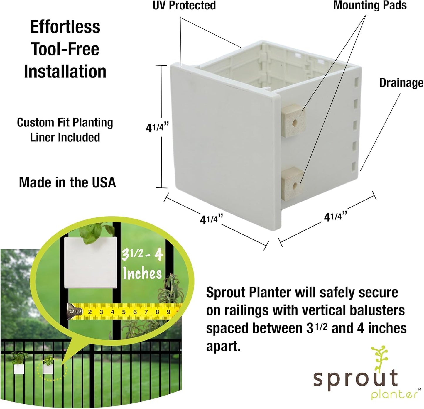 Railing Planter 5-Pack, White (4-inch) | Tool-Free Space-Saving Floating Flower Pots for Balcony Railings | Vertical Garden Railing Planters | UV-Protected, Made in USA