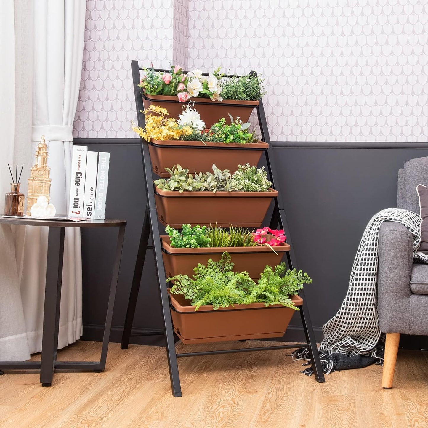 Giantex Vertical Planter Raised Bed, Elevated Garden Beds with Water Drainage Hole, Freestanding 5 Container Boxes for Herb Vegetables Flowers Growing, Outdoor Indoor Patio Balcony (Brown, 1)