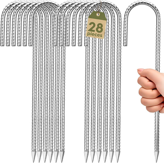 12 inches Ground Stakes Heavy Duty 28 Pieces Metal Fence Rebar Stake 5/16" Diameter J Hook Ground Spikes, Tent Stakes, Swing Set and Gazebo Anchors