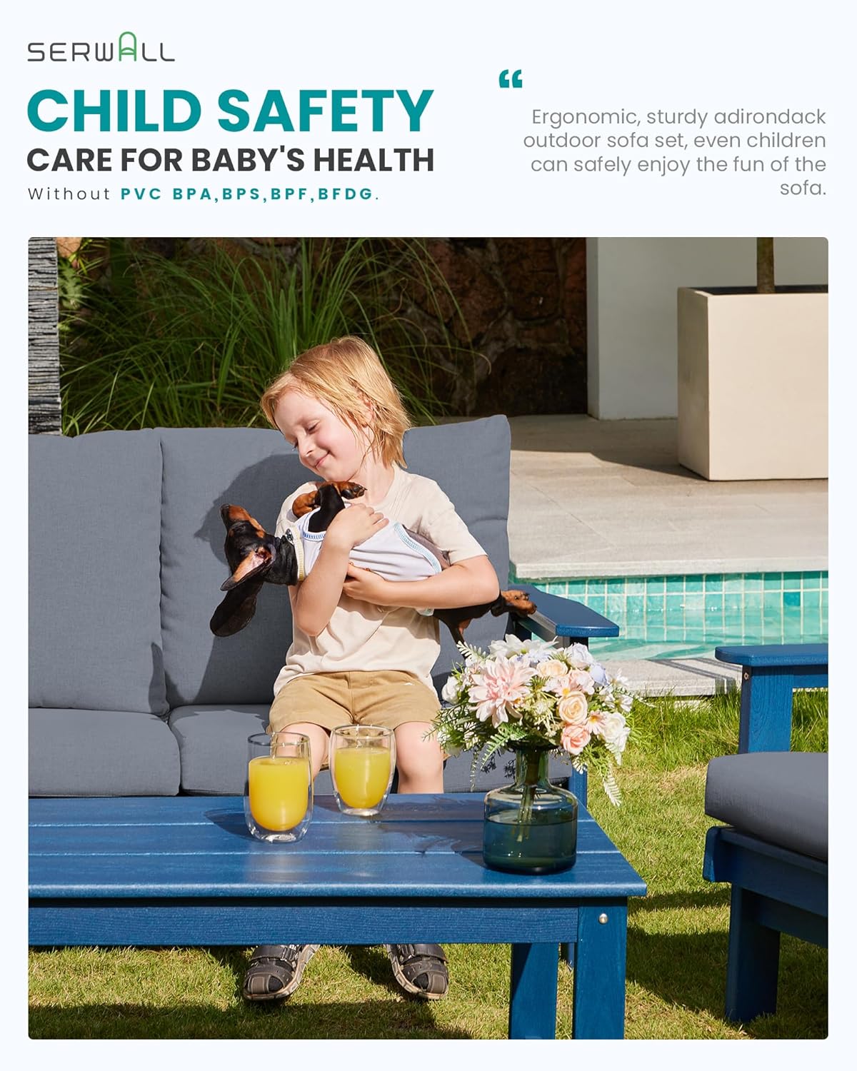 SERWALL HDPE Outdoor Furniture Set, 7 Piece All Weather Wood-Like Outdoor Sofa Sectional Couch, Blue Patio Furniture Set with Grey Cushions