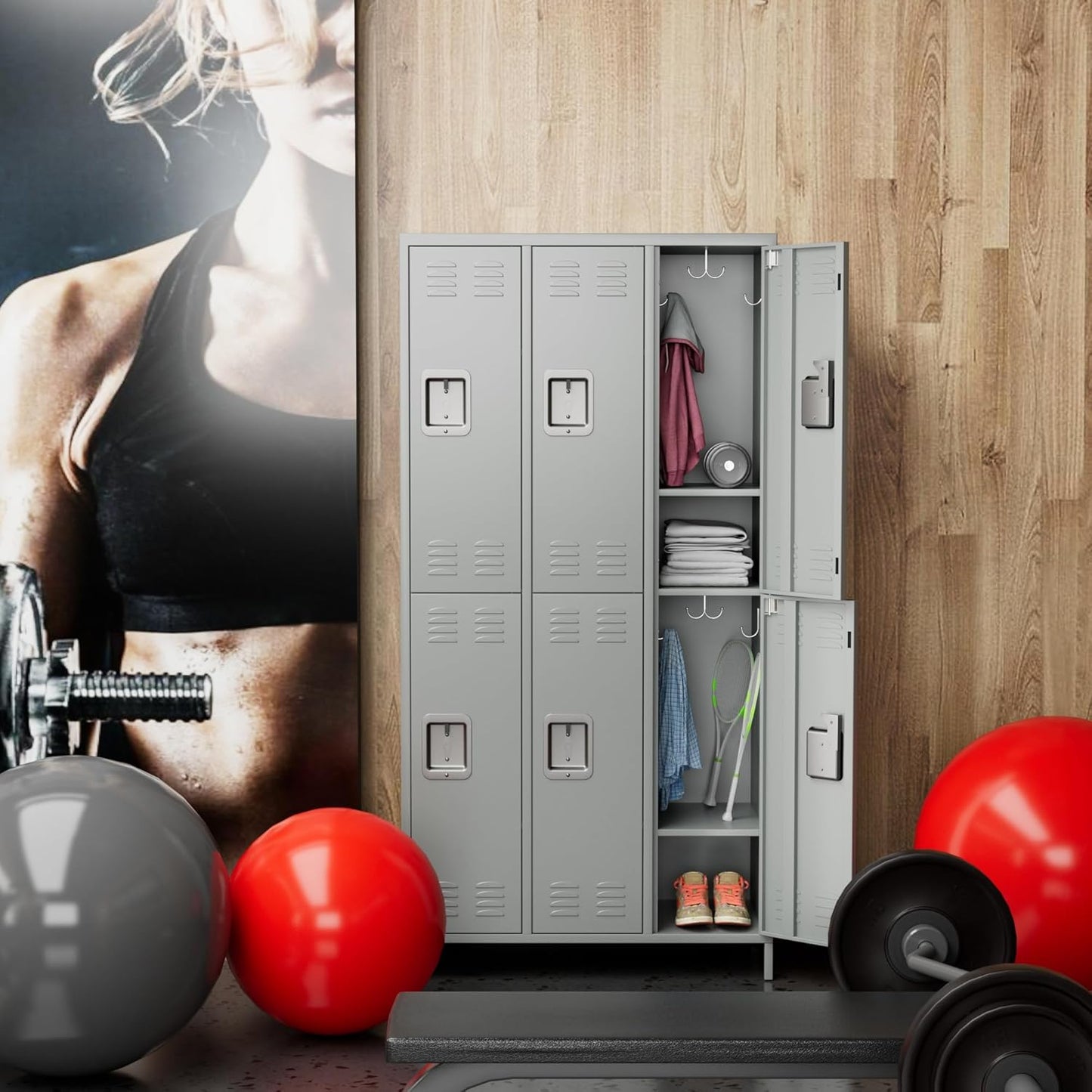 6 Doors Metal Lockers for Employees with 18 Hooks for Offices School Gyms Home,Assembly Required,Light Gray