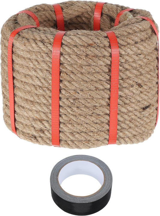 MECCANIXITY Jute Rope 0.7 Inch x 85ft, Thick Twine Rope Ropes Braided Jute Twine Natural Brown Burlap Cord String Heavy Twisted with Tape for Decorative Crafts Railing Swing Tug of War