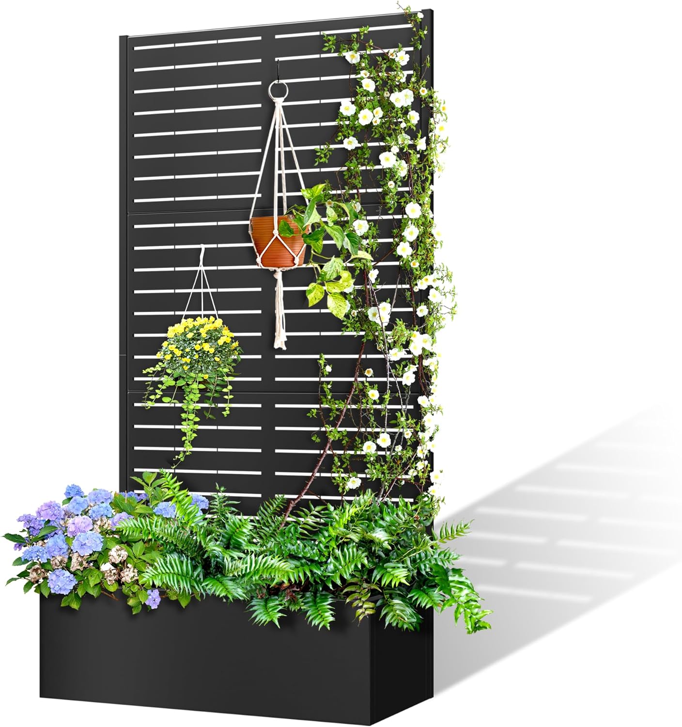 71"x35"x16" Metal Planter Box with Trellis Raised Garden Bed with Trellis, Trellis with Planter Box & Privacy Screen, Metal Planter Box for Climbing Plants, Vegetable, Vines(Black, Louvered)