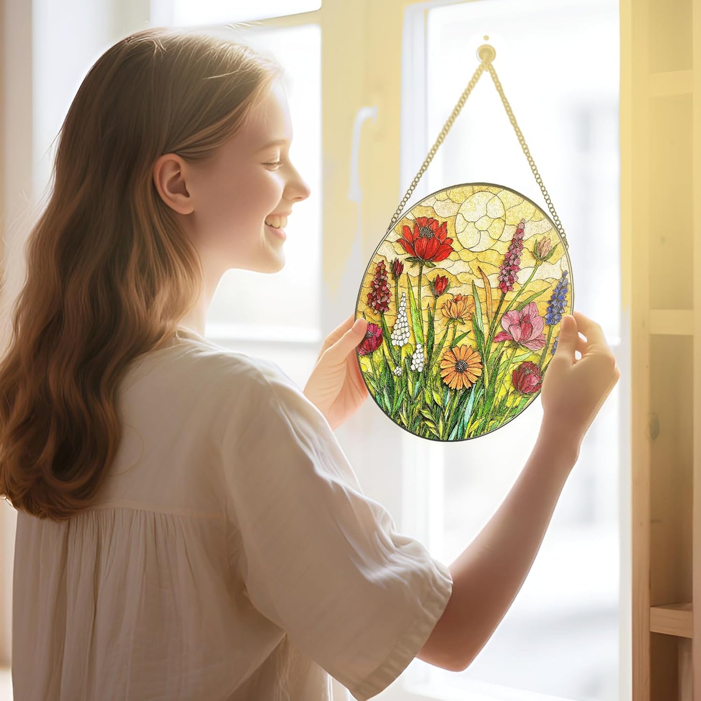 Stained Glass Window Hanging, 8 Inch Wildflower Stained Glass Suncatcher, Colorful Floral Window Hanging, Home Decor for Windows, Flower Lover Gifts, Garden Lover Gift, Gifts for Women, Mom, Grandma