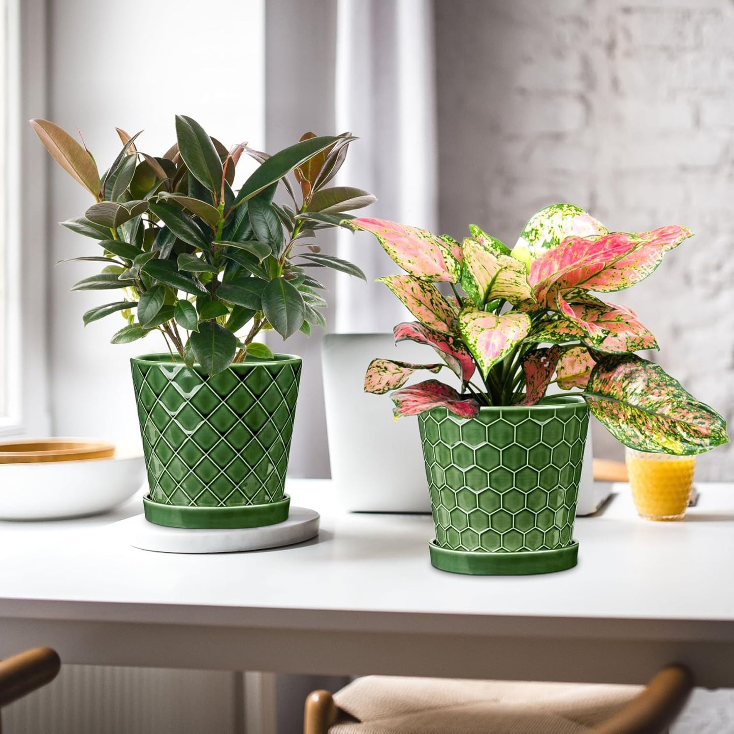 BUYMAX Plant Pots Indoor –6 inch Ceramic Flower Pot with Drainage Hole and Ceramic Tray - Gardening Home Desktop Office Windowsill Decoration Gift, Set of 2(Patina)