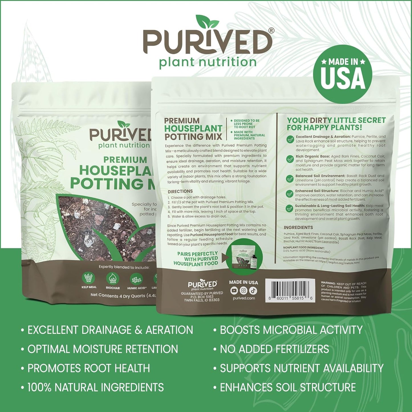 Purived Premium Houseplant Potting Mix | 4 Quarts | Ideal Soil Drainage & Moisture Retention for Indoor Potted Plants | with Kelp, Biochar, Lava Rock & Humic Acid | Made in USA