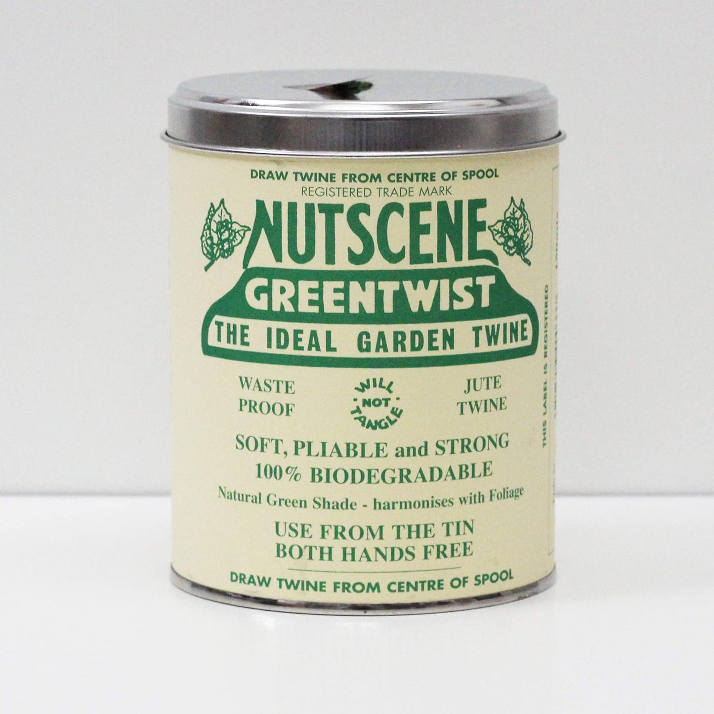 NUTSCENE Iconic Tin (Tin ‘O’ Twine) with Their Heritage Scottish Jute Twine and Hole in Top for Easy Dispensing. 14 Colors to Choose from. 164 Yards. (Green)