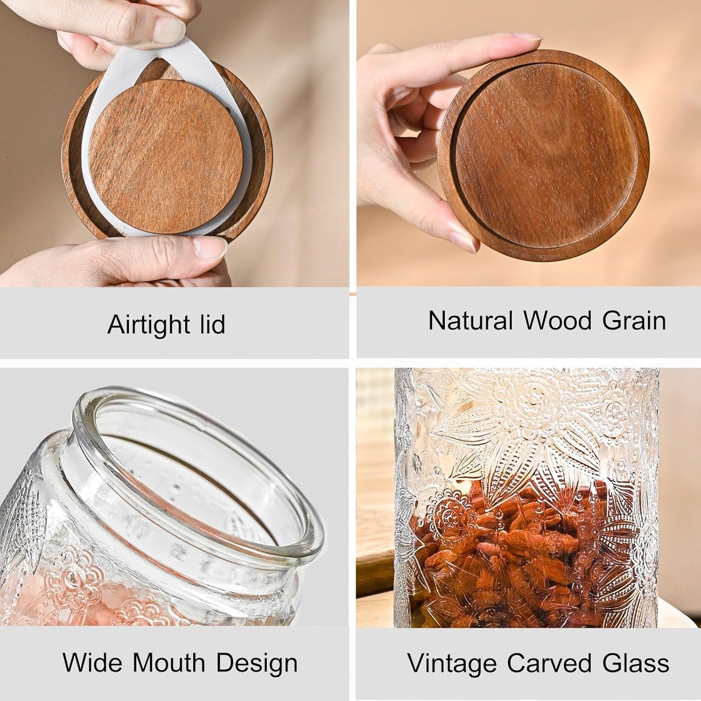 24oz Vintage Glass Canister With Lid Small Glass Jars Wide Mouth Mason Jars Airtight Coffee Canisters Kitchen Storage Containers For Sugar Tea Spice Flour Candy Cookie Cereal Cute Decorative