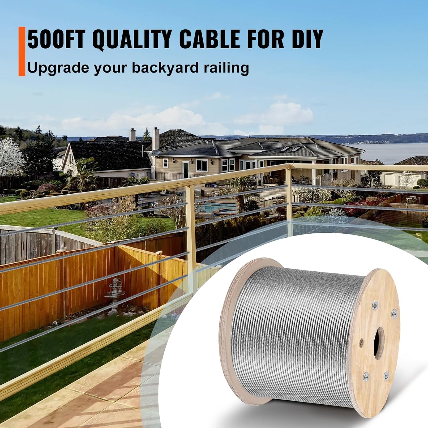 VEVOR 5/32 Stainless Steel Cable, 500FT T316 Wire Rope 1x19 Marine Grade Steel Cable for Deck Railing Brackets Handrail Stair DIY Balustrade