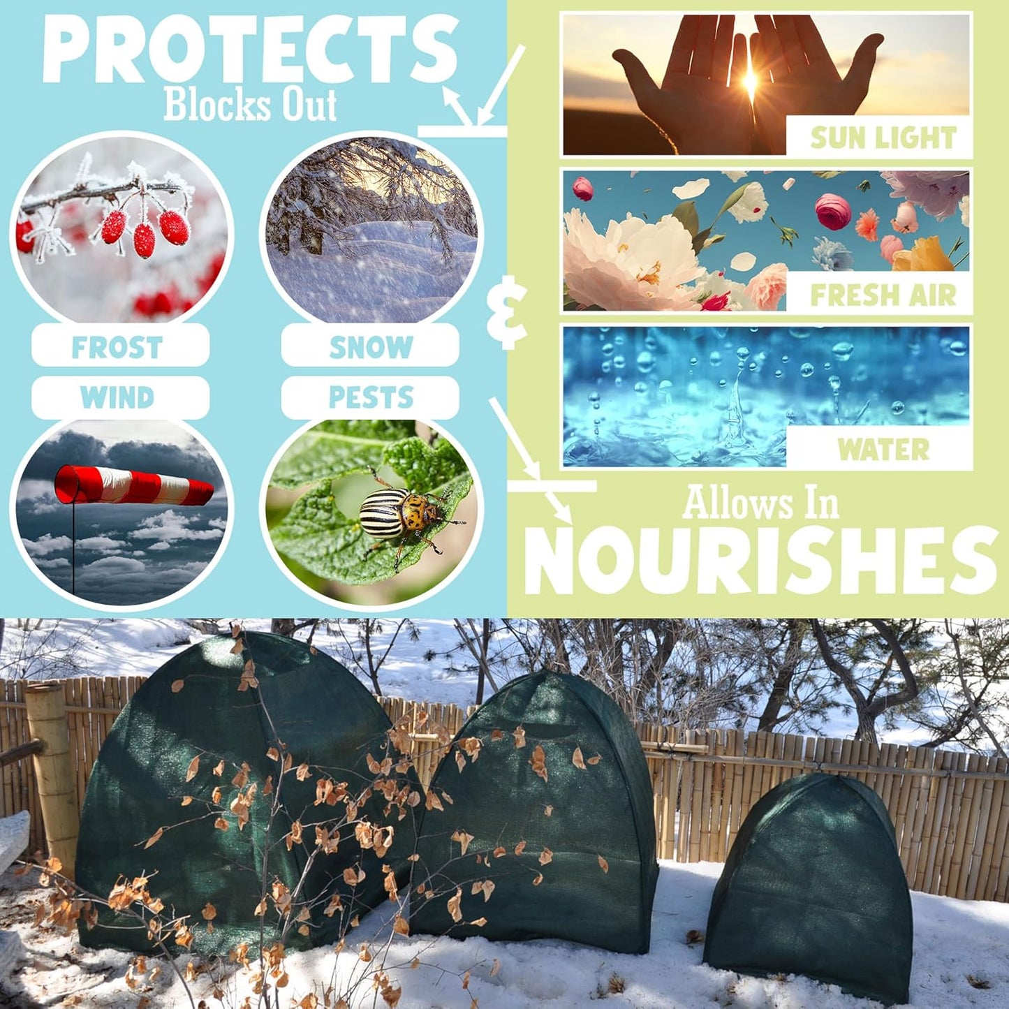 Winter Plant Cover Freeze Protection Tents 2 Pack-Protect Shrubs from Snow, Frost, Animals, Freezing Temperatures - Complete with Soft Garden Ties (22" x 22" x 22", 2 Pack, green with stakes)