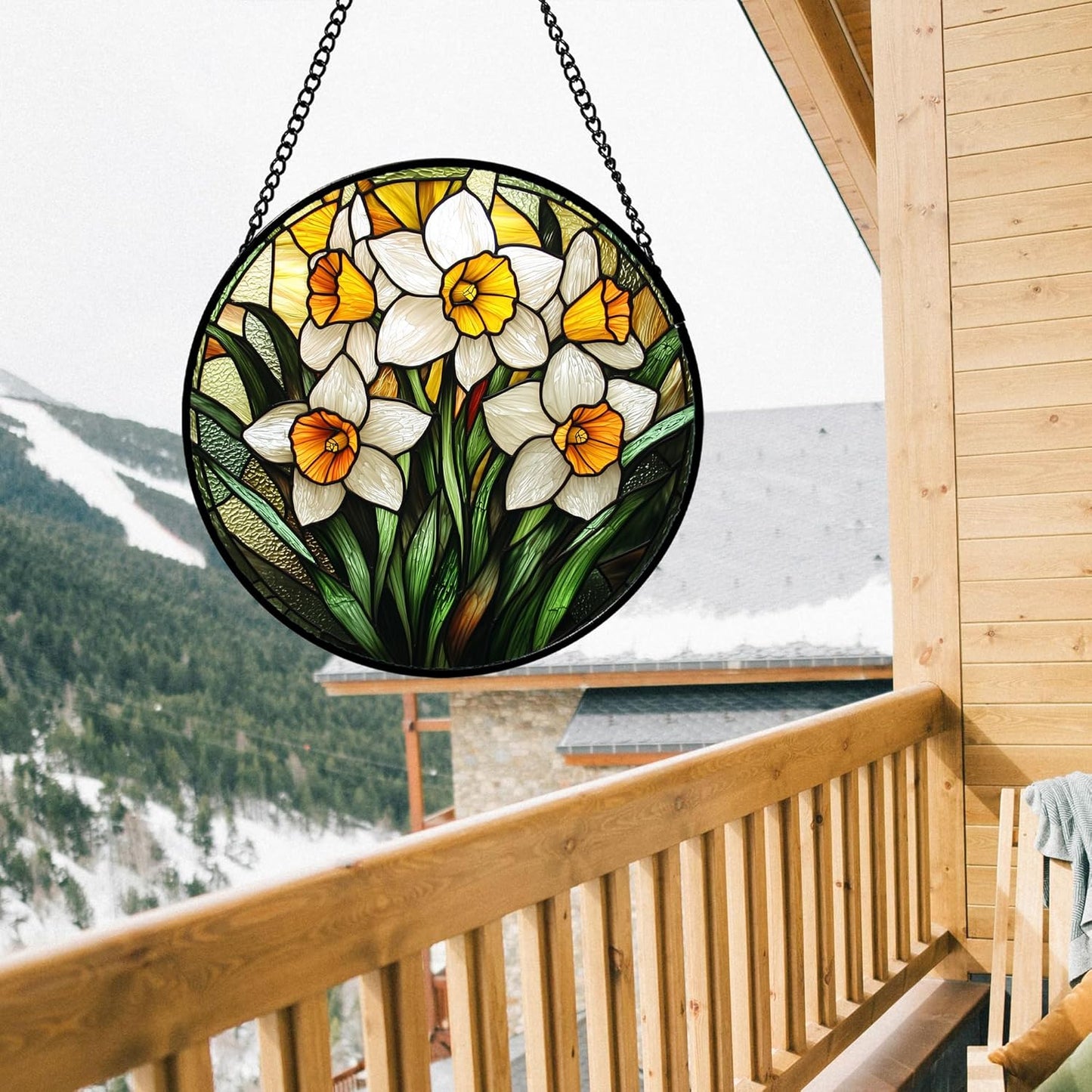 Stained Glass Window Hanging, Yellow and White Daffodils Sun Catcher for Door Home Decor Plants Flowers Suncatcher Christmas Mother's Day Birthday Gifts for Women Men Mom Nana 7.8 in