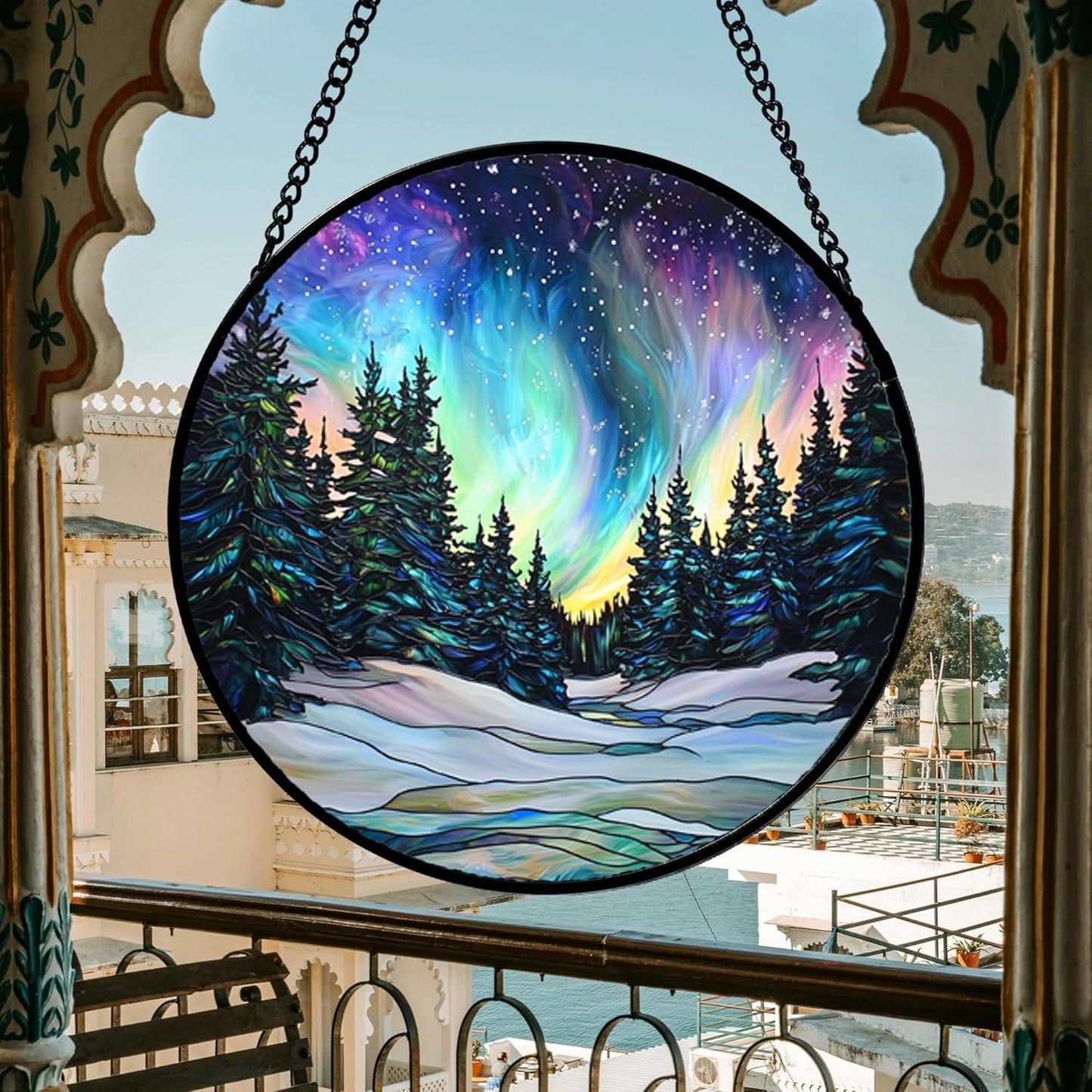 Stained Glass Window Hanging, Aurora Landscape Sun Catchers Glass Panel Green Trees Suncatcher Decor for Birthday for Women, Men, Wife, Aunt, and Mom 14.9x14.9 in