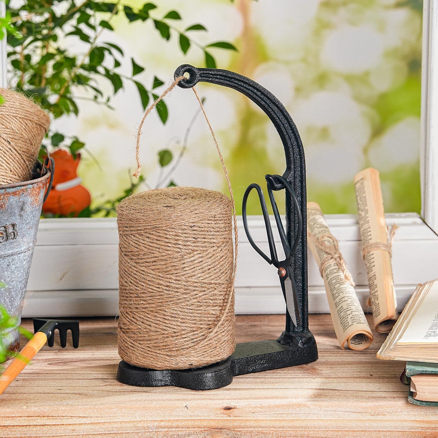 Sungmor Cast Iron Garden Twine Holder Set - 1300ft. Natural Jute Twine String & Rope Rack & Scissors - Decorative & Practical Home Arts Crafts Tools for Picture Display Gift Wrapping Packing Gardening