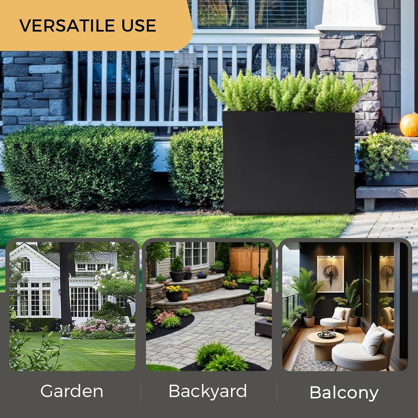 Tall & Long Metal Divider Planter 30W x 11D x 24H, Easy 5-Min Assembly, Outdoor Span Rectangular Planter Box with with Middle Shelf & Adjustable Feet, Versatile for Garden, Yard and Patio, Black