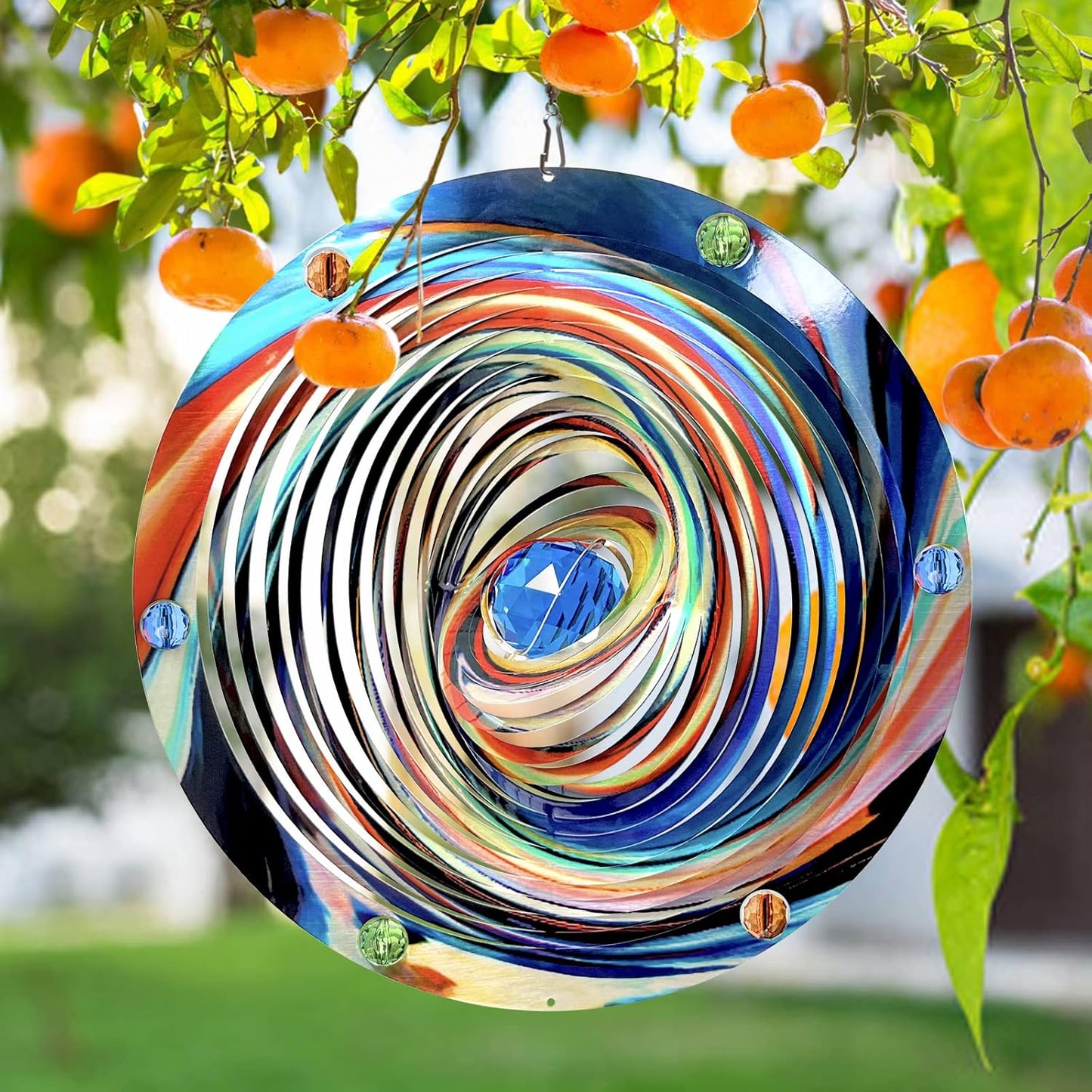 FONMY Mandala Wind Spinner w/Crystal Ball-Blue Plenet 3D Stainless Steel Hanging Spinners Worth Gift Christmas Decoration Indoor/Outdoor Garden Décor Kinetic Yard Art 12 Inches Wind Sculpture