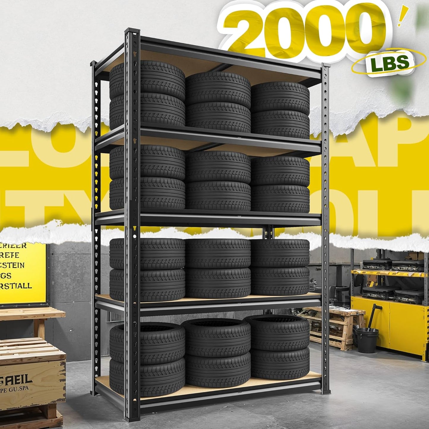 63" H Garage Shelving 31.5" W Storage Shelves Adjustable 2000LBS Metal Shelving Heavy Duty 5 TierGarage Shelves for Pantry Kitchen Closet Basement Warehouse