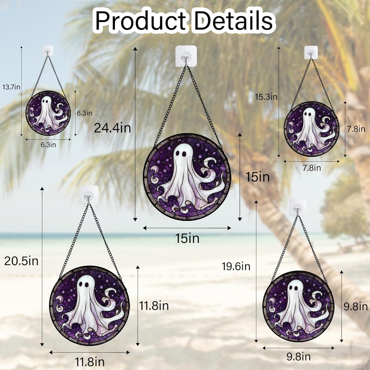 Stained Glass Window Hanging - Halloween Decorations White Ghost Purple Stars Suncatcher for Doors Garden Spooky Funny Sun Catchers Gothic Decor Horror Gifts for Women Men Friend 6.3 in