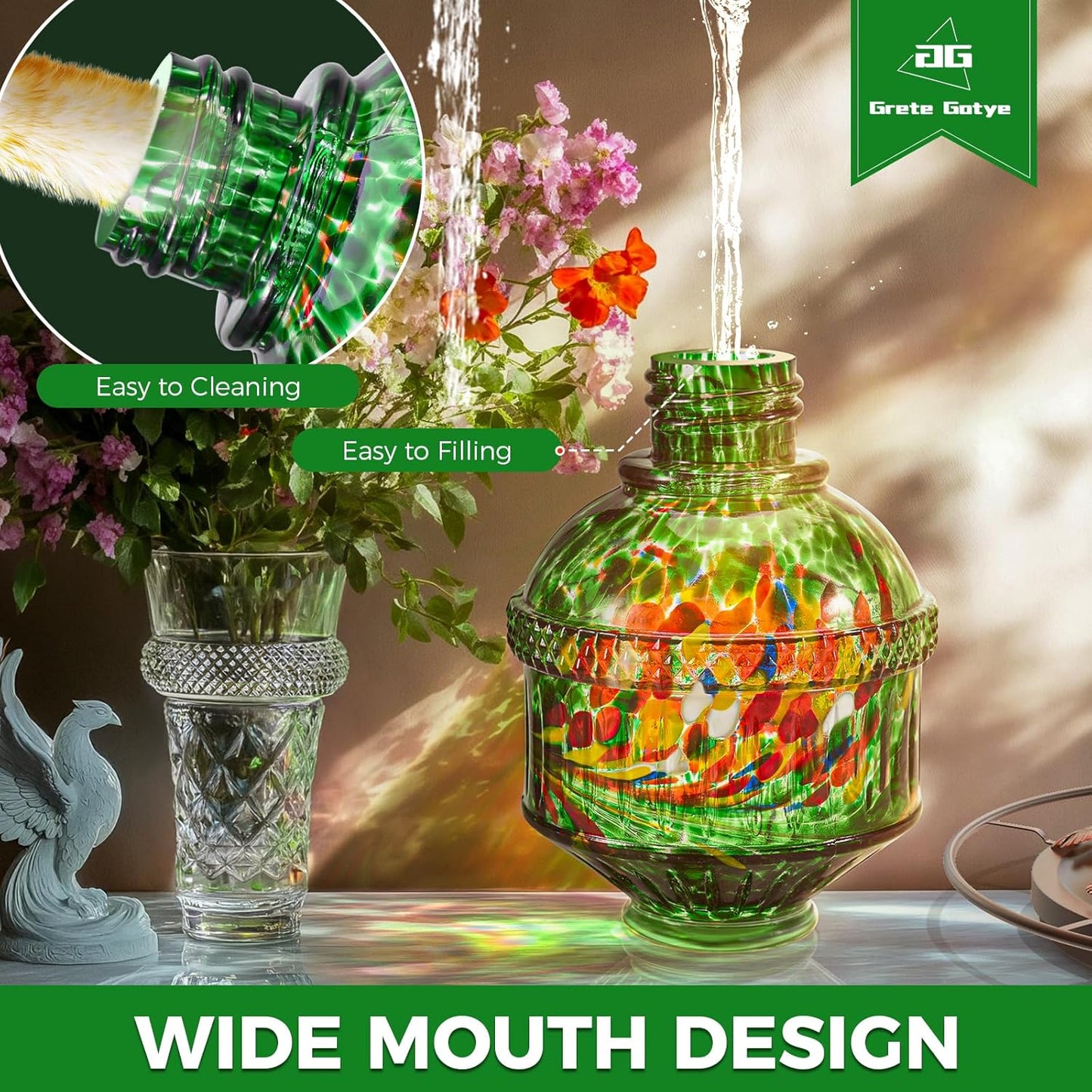 Hand Blown Glass Hummingbird Feeders for Outdoors, 25 Ounces Wild Bird Nectar Feeder with Perch & 5 Flower Feeding Ports Leak Proof Hanging for Garden Backyard Decor, Gifts for Women Mom, Green