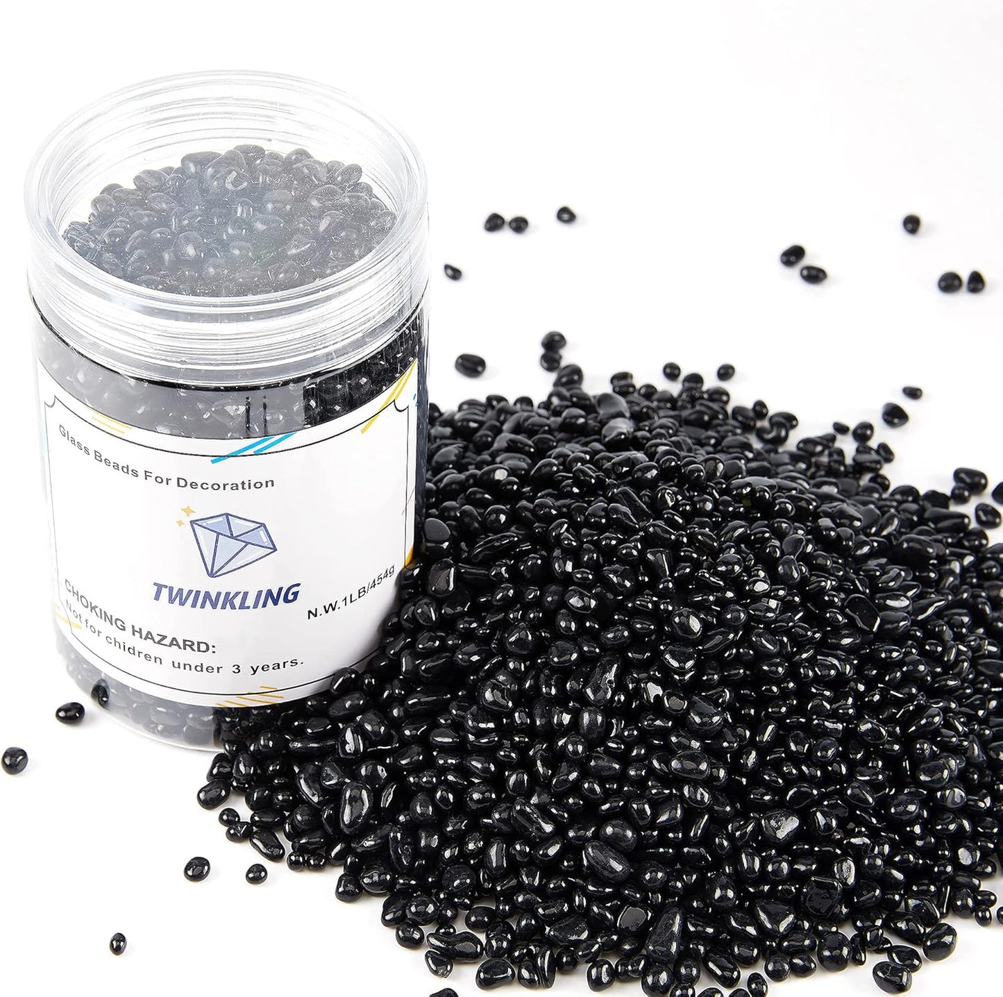 TWINKLING High Luster Round Fire Glass Stones,Glass Marbles Pebbles,Glass Beads Gems for Fire Pit Vase Fillers Crafts Aquarium Garden Decoration,3-6mm,1-Pound Jar (Black)