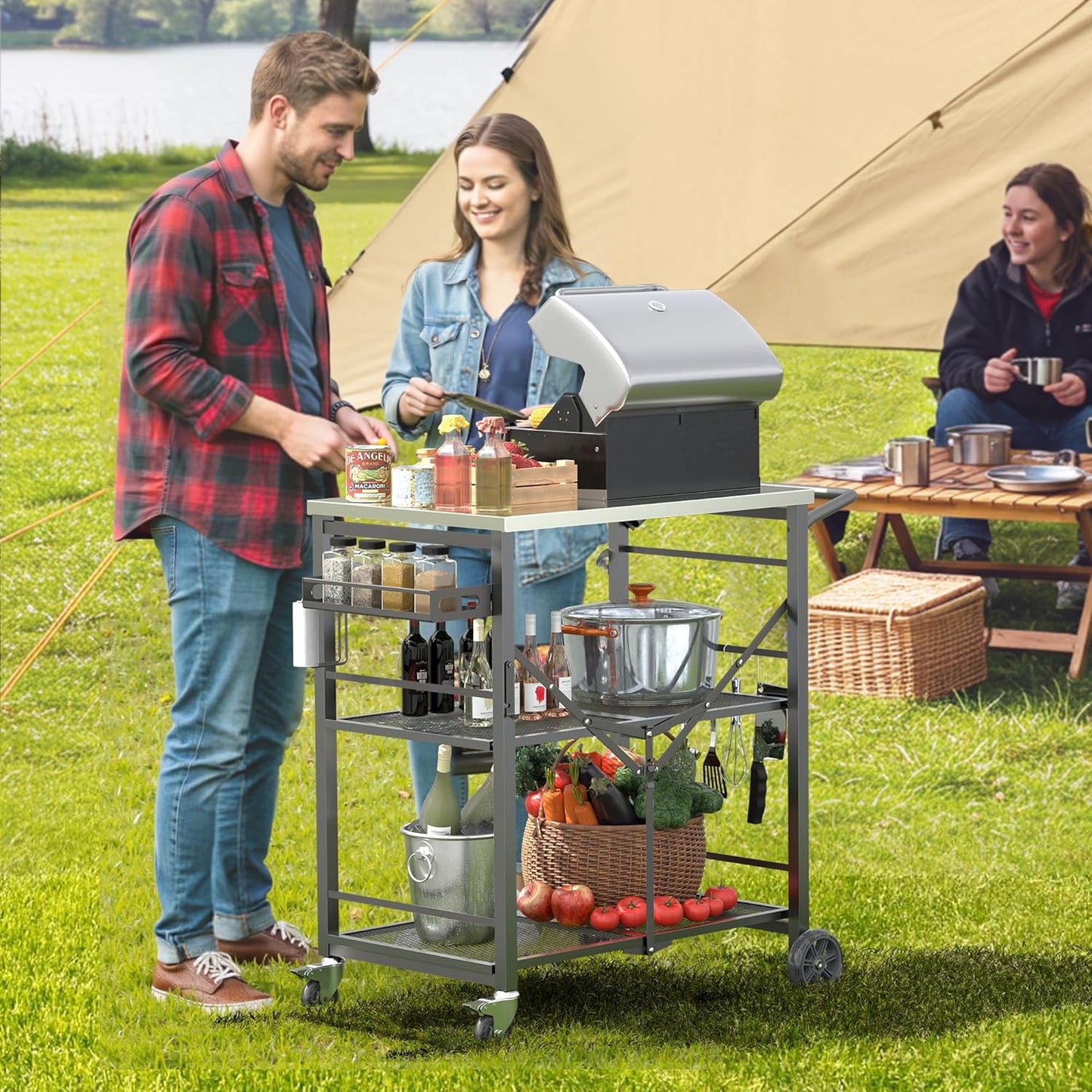 Ciokea Folding Outdoor Grill Cart with Wheels, 3-Shelf Grill Table with 27x18 in Stainless Steel Top, Rolling Pizza Oven Stand, Metal Portable Cart for BBQ Patio Camping (Grey)