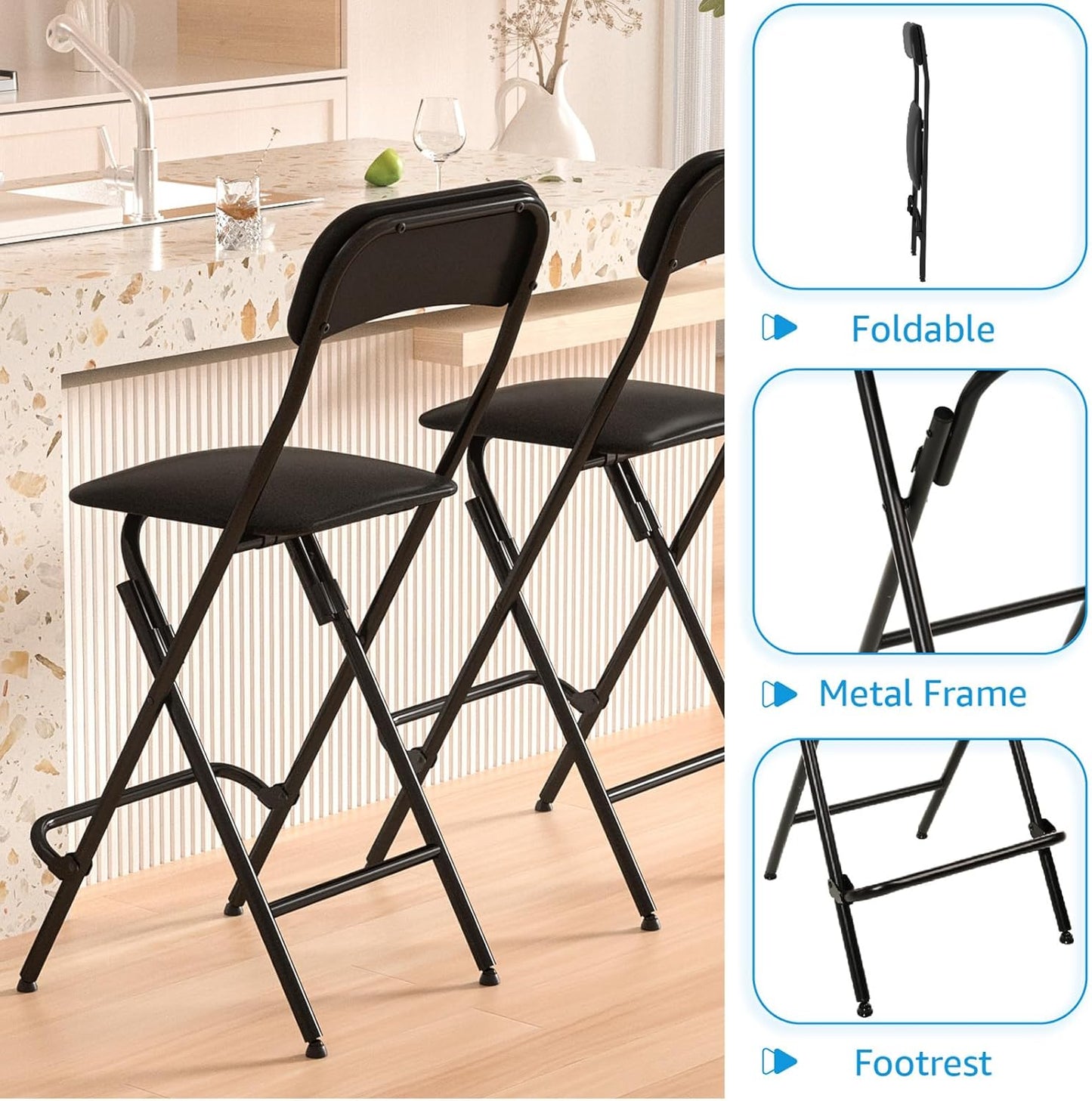 Folding Bar Stool with Backrest,25 Inch Leather Padded Counter Height Foldable Stool,Tall Folding Stool Chair for Gardening Kitchen Shop Cafe, Black (2 Pack)