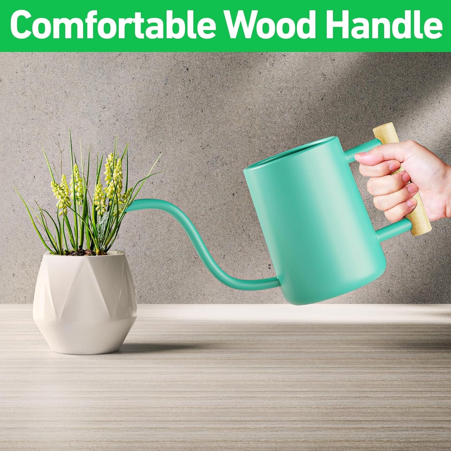 35 oz Metal Small Indoor Watering Can with Long Spout & Real Wood Handle for House Plants, Succulents, Cacti & Seedlings - Green Long Spout Watering Can Indoor Plants - Stylish, Gentle Flow, No Spills