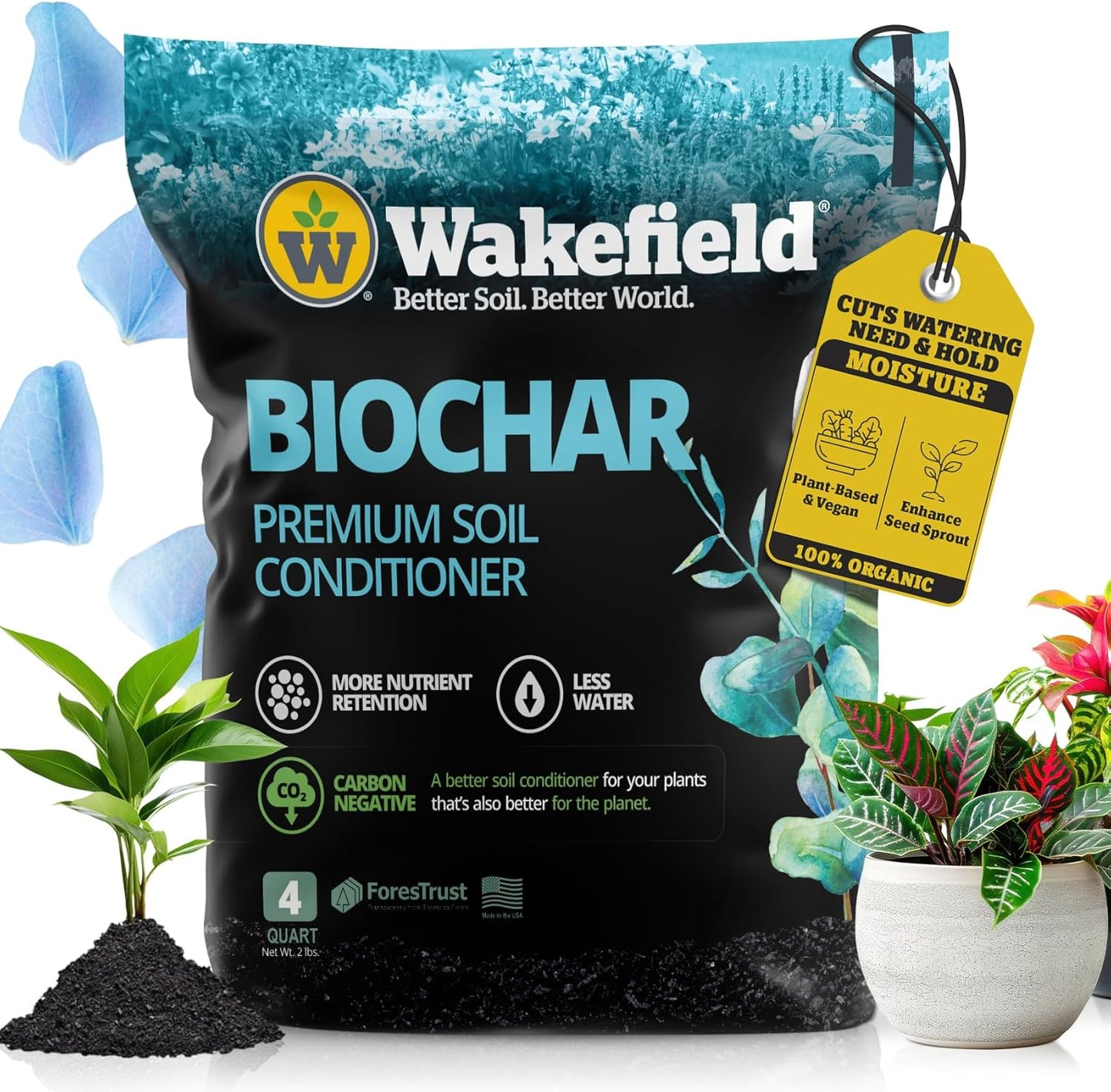 Wakefield Premium Biochar Soil Conditioner – 100% Pure Organic Biochar Soil to Boost Nutrient Retention and Water Efficiency for Houseplants, Gardens, & Lawns – 4 Quarts