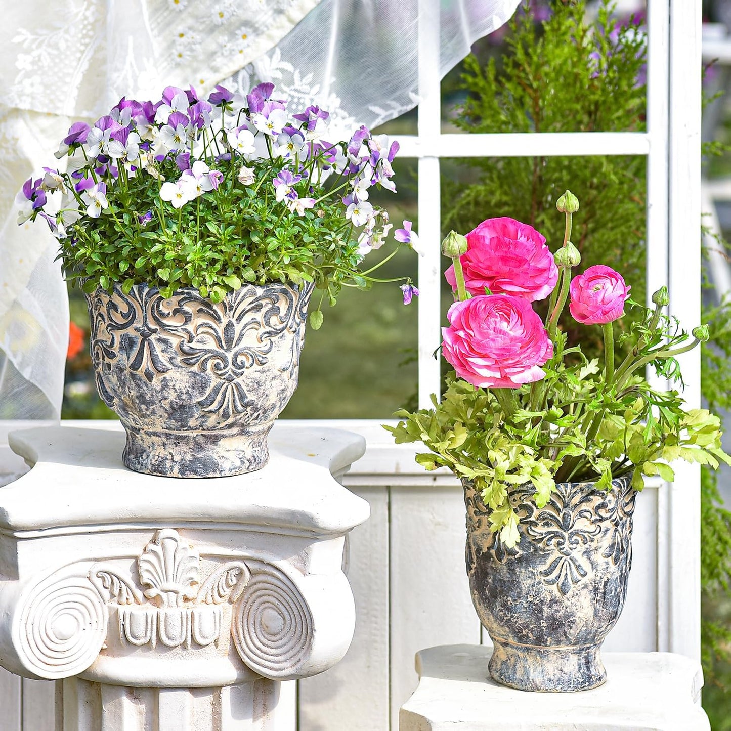 Sungmor 7.3 Inch Cement Plant Pot for Plants, Succulent Planter with Embossed Design, Vintage Concrete Flowerpots with Drainage Hole, Decorative Orchid Houseplant Pot Indoor Outdoor Plant Container