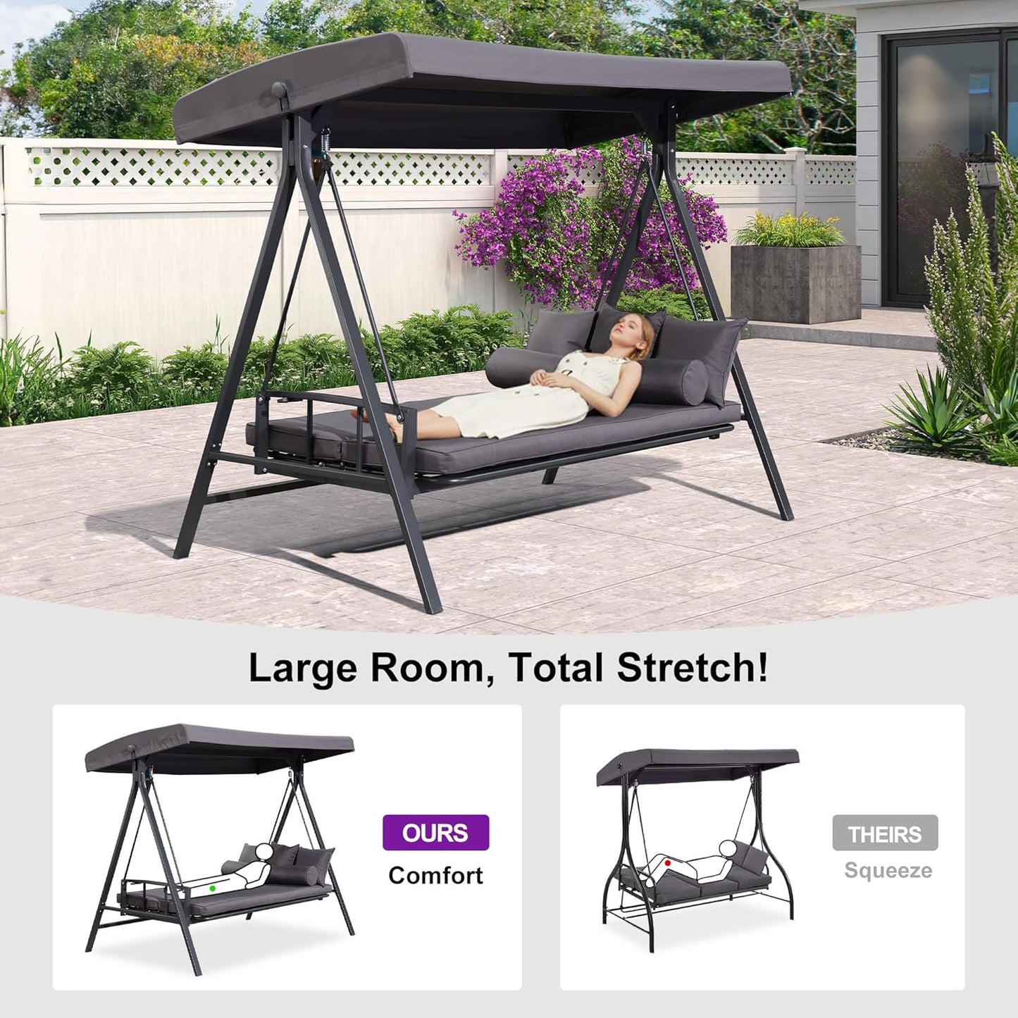PURPLE LEAF Outdoor Patio Porch Swing Adjustable Backrest, 3-seat Swing Chair with Weather Resistant Steel Frame for Backyard Front Porch Lawn, Cushion and Pillows Included, Grey